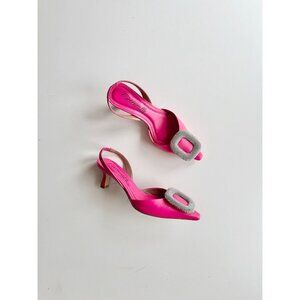 L'INTERVALLE Mayta Pink Leather Rhinestone Pointed Toe Slingback Heels, Size 38